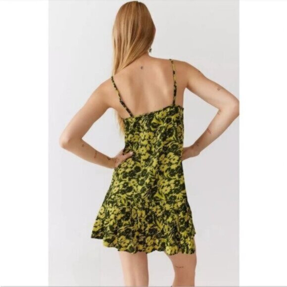 Urban Outfitters | Camille Mini Frock Dress Yellow Green Digitized Floral Print - Picture 10 of 16